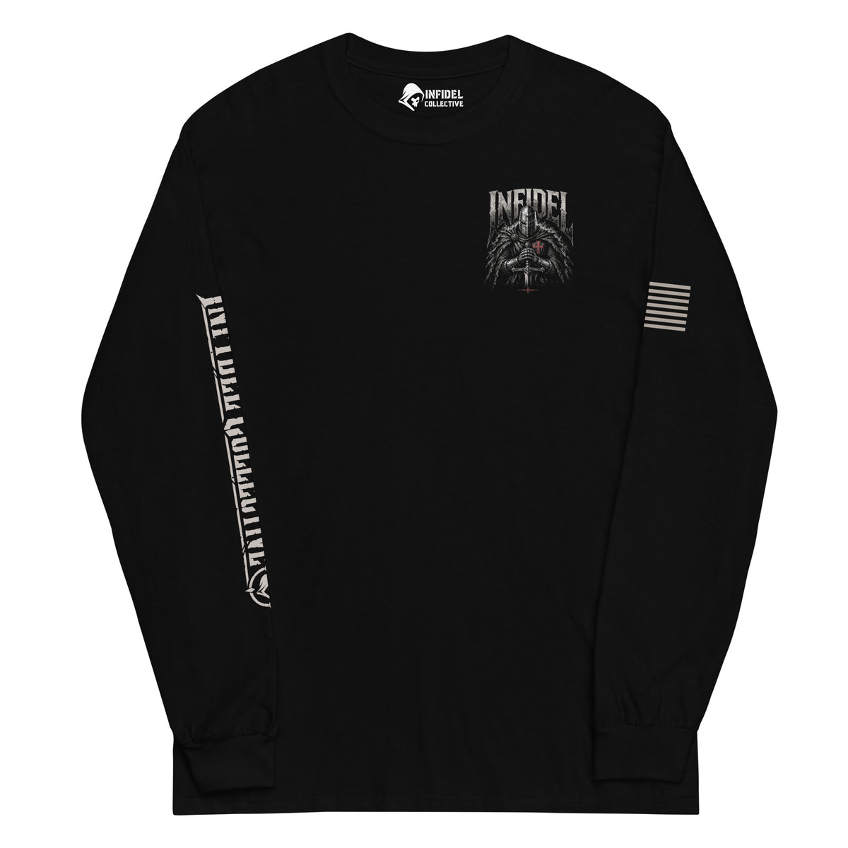 Knight of Infidel Never Bow Back Print back-print black heavyweight long-sleeve tee, front view