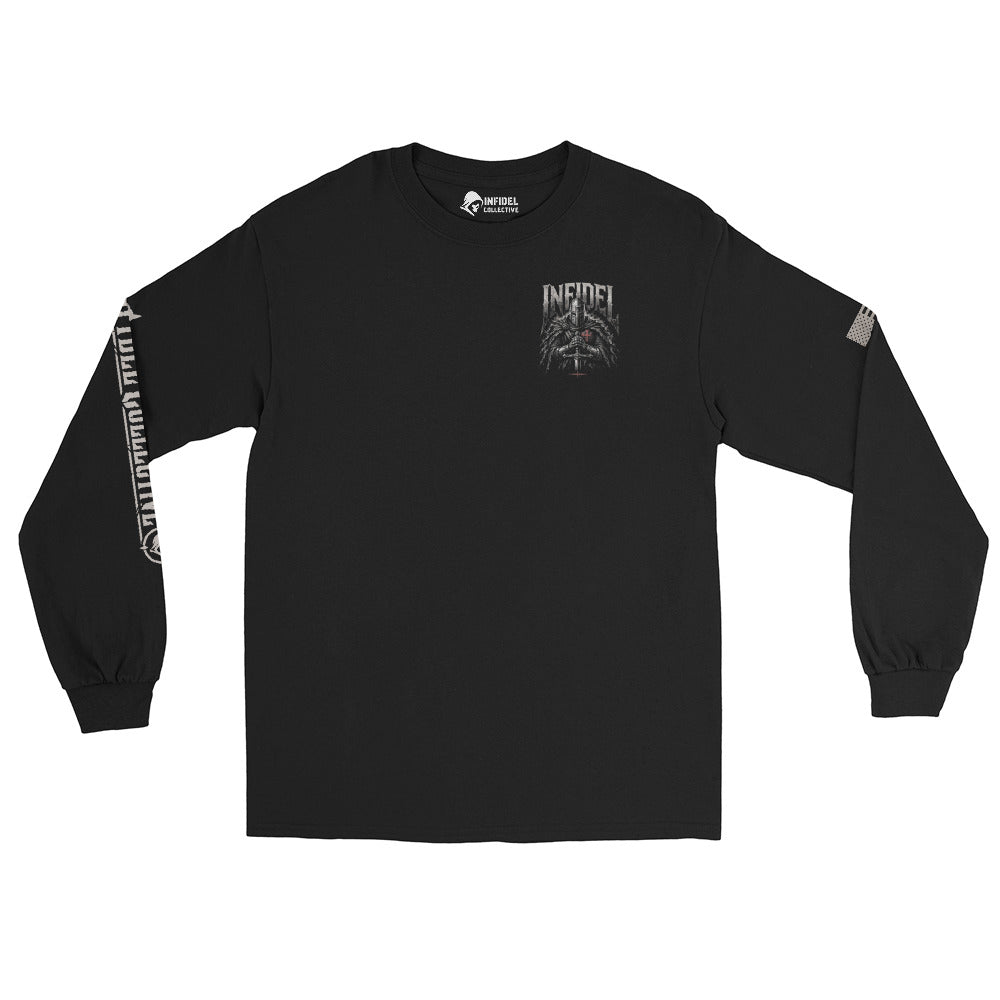 Knight of Infidel Never Bow Back Print back-print black heavyweight long-sleeve tee, front view 2