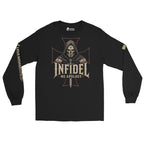 Death Mask Infidel No Apology front-print black heavyweight long-sleeve tee, front view 2