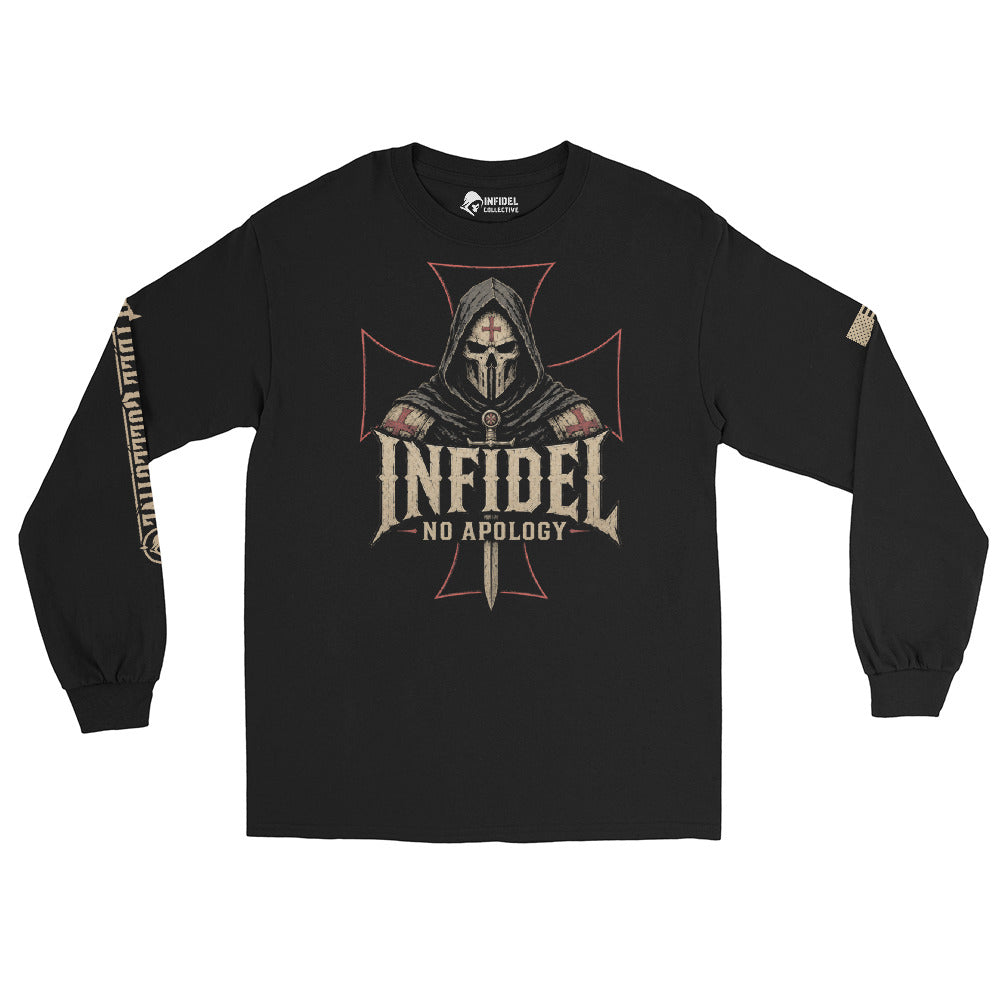 Death Mask Infidel No Apology front-print black heavyweight long-sleeve tee, front view 2