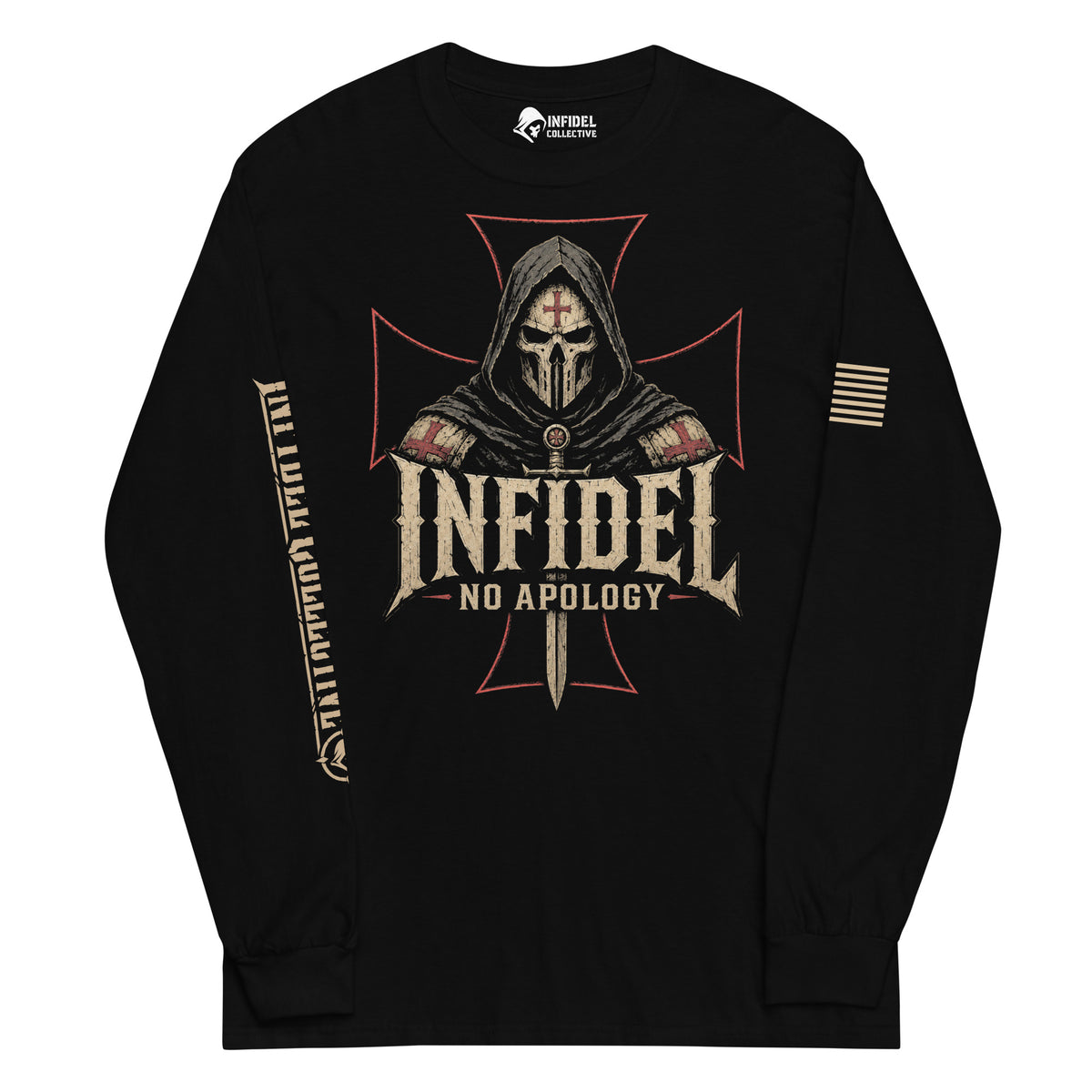 Death Mask Infidel No Apology front-print black heavyweight long-sleeve tee, front view
