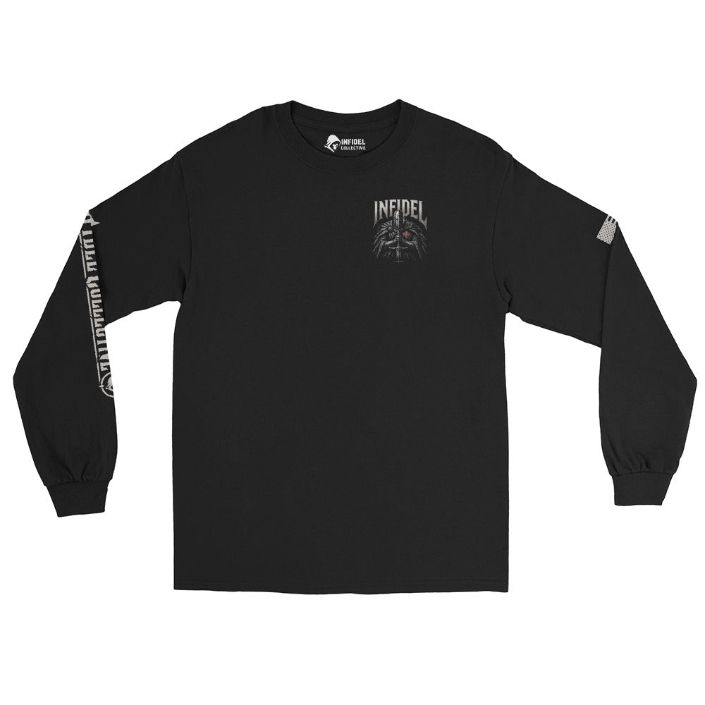 Infidel Knight of Creed Back Print back-print black heavyweight long-sleeve tee, front view 2