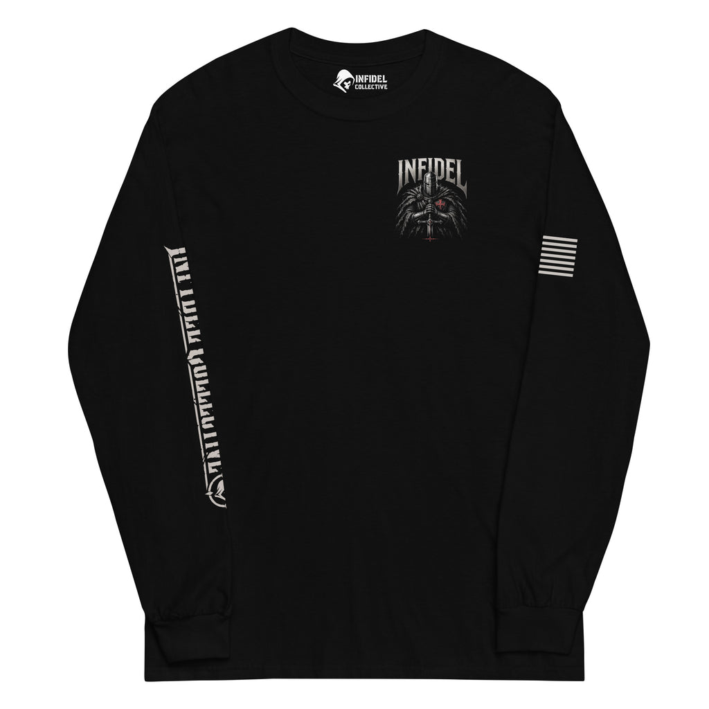 Infidel Knight of Creed Back Print back-print black heavyweight long-sleeve tee, front view