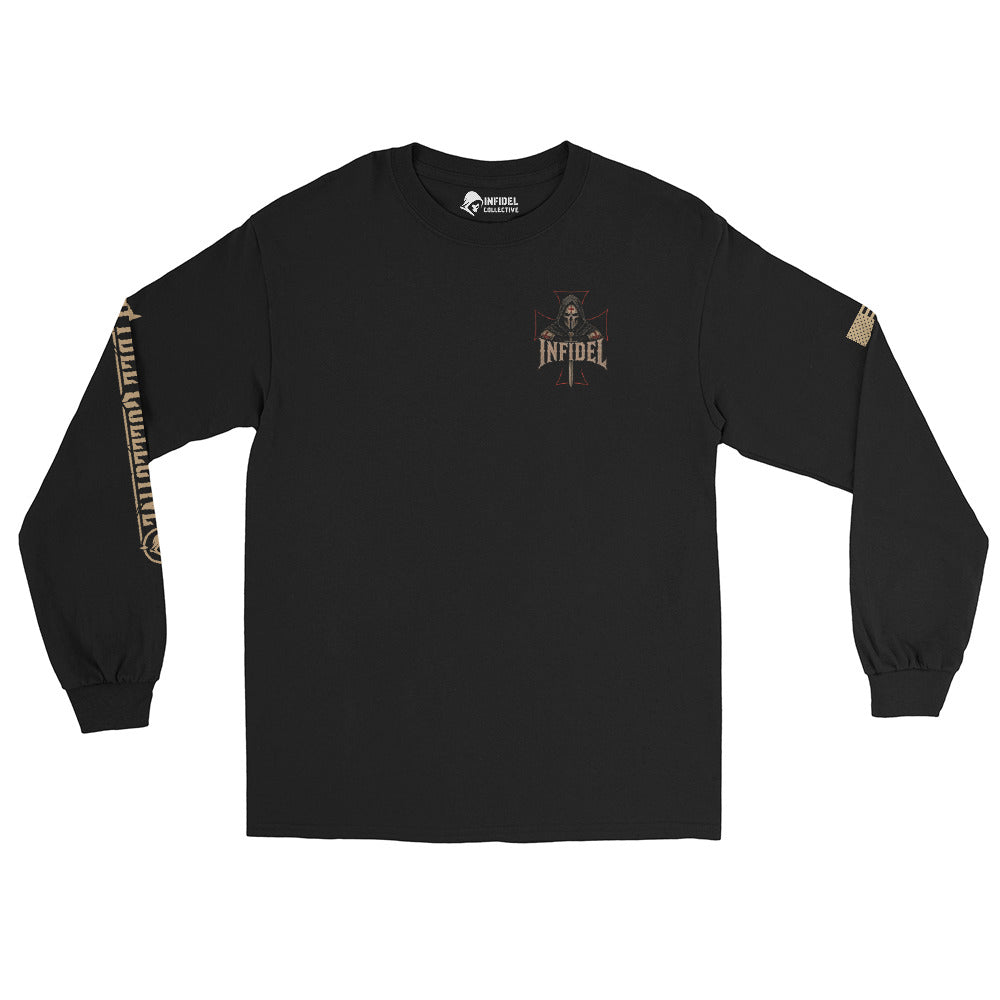 Death Mask Infidel Last to Kneel Back Print back-print black heavyweight long-sleeve tee, front view 2