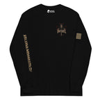 Death Mask Infidel Last to Kneel Back Print back-print black heavyweight long-sleeve tee, front view