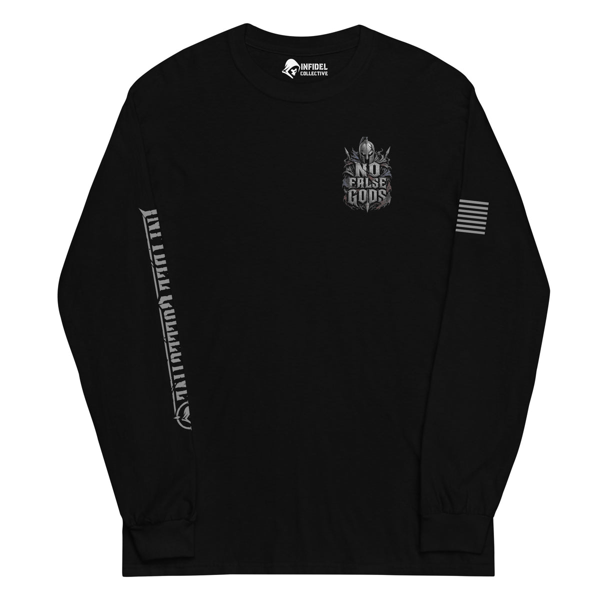 No False Gods Spartan Back Print back-print black heavyweight long-sleeve tee, front view