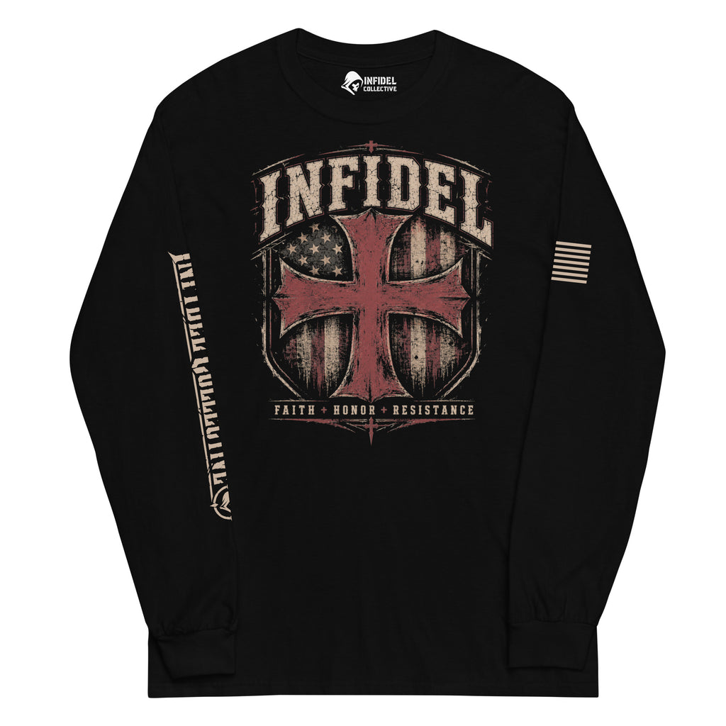 Infidel Faith Honor Resistance Shield front-print black heavyweight long-sleeve tee, front view
