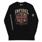 Infidel Faith Honor Resistance Shield front-print black heavyweight long-sleeve tee, front view