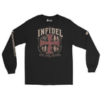 Infidel Faith Honor Resistance Shield front-print black heavyweight long-sleeve tee, front view 2