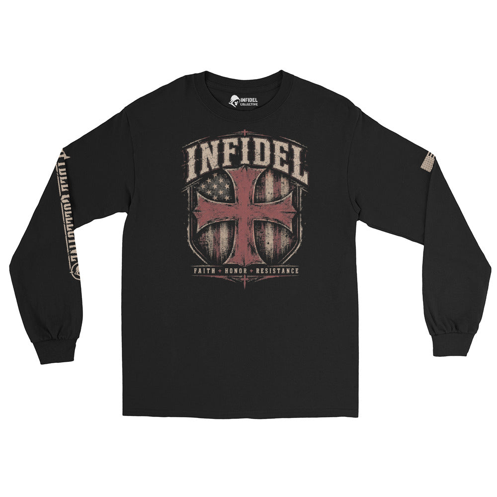 Infidel Faith Honor Resistance Shield front-print black heavyweight long-sleeve tee, front view 2