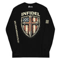 Cross My Infidel Heart Flag Shield front-print black heavyweight long-sleeve tee, front view