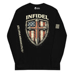 Cross My Infidel Heart Flag Shield front-print black heavyweight long-sleeve tee, front view