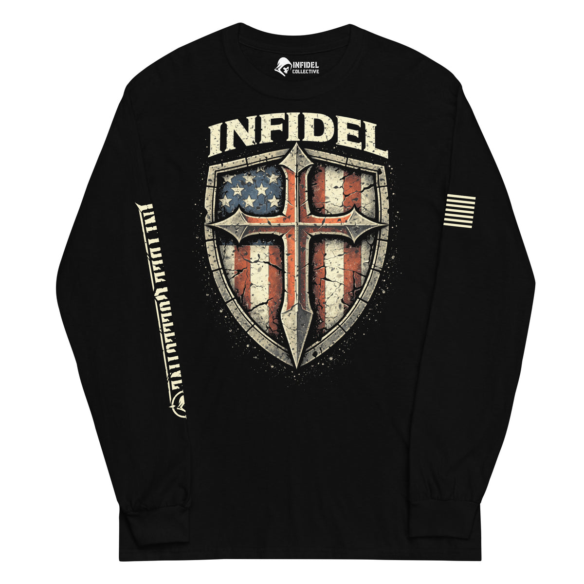 Cross My Infidel Heart Flag Shield front-print black heavyweight long-sleeve tee, front view