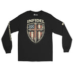 Cross My Infidel Heart Flag Shield front-print black heavyweight long-sleeve tee, front view 2