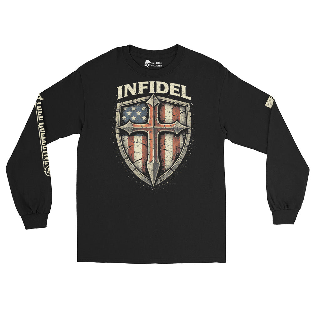 Cross My Infidel Heart Flag Shield front-print black heavyweight long-sleeve tee, front view 2
