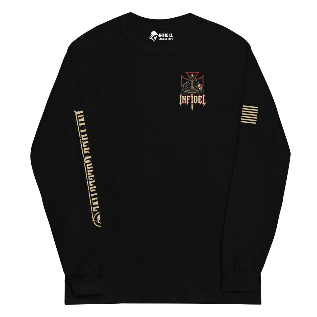 Knight of Creed No Surrender Back Print back-print black heavyweight long-sleeve tee, front view