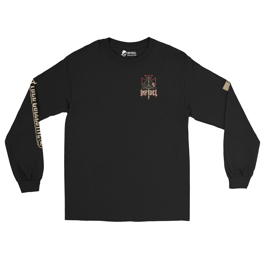 Knight of Creed No Surrender Back Print back-print black heavyweight long-sleeve tee, front view 2