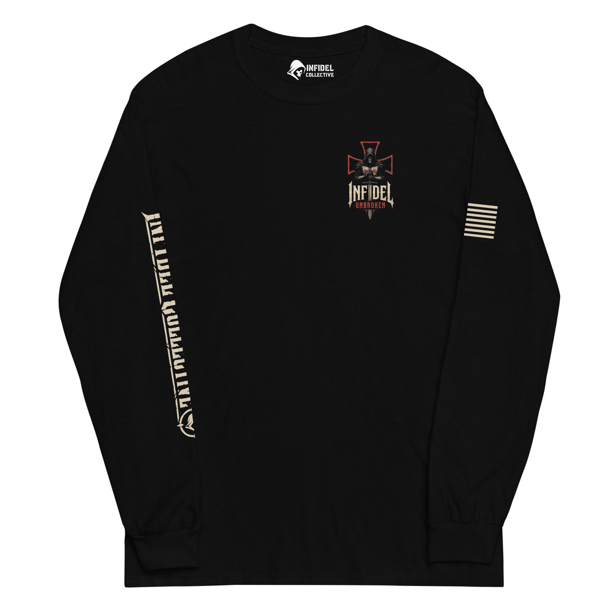 A black long-sleeve t-shirt with a distressed red Iron Cross graphic on the left chest, featuring a vertical beige text print on the right sleeve and a distressed beige American flag graphic on the left sleeve. The neck label shows the brand 'Infidel Collective'.