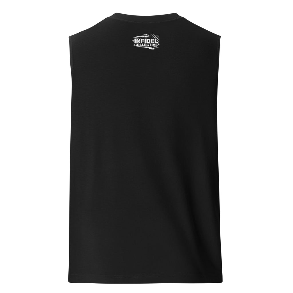 Back of sleeveless Black t-shirt with a graphic design featuring a skull and 'Fear the Infidel' text.