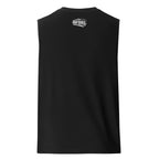 Back of sleeveless Black t-shirt with a graphic design featuring a skull and 'Fear the Infidel' text.