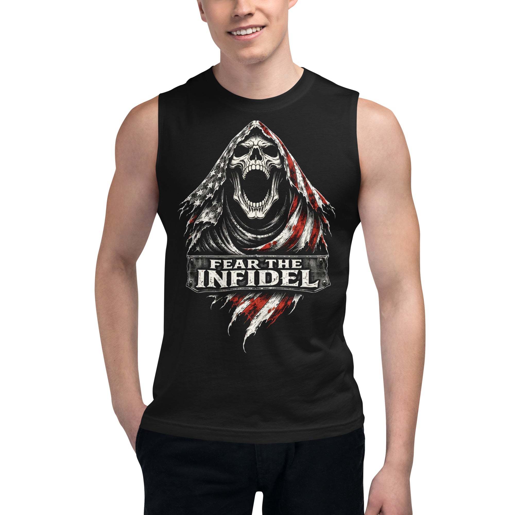 Lifestyle mockup of Black t-shirt with a graphic design featuring a skull and 'Fear the Infidel' text.