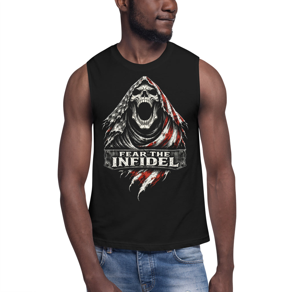 Lifestyle mockup of Black t-shirt with a graphic design featuring a skull and 'Fear the Infidel' text.