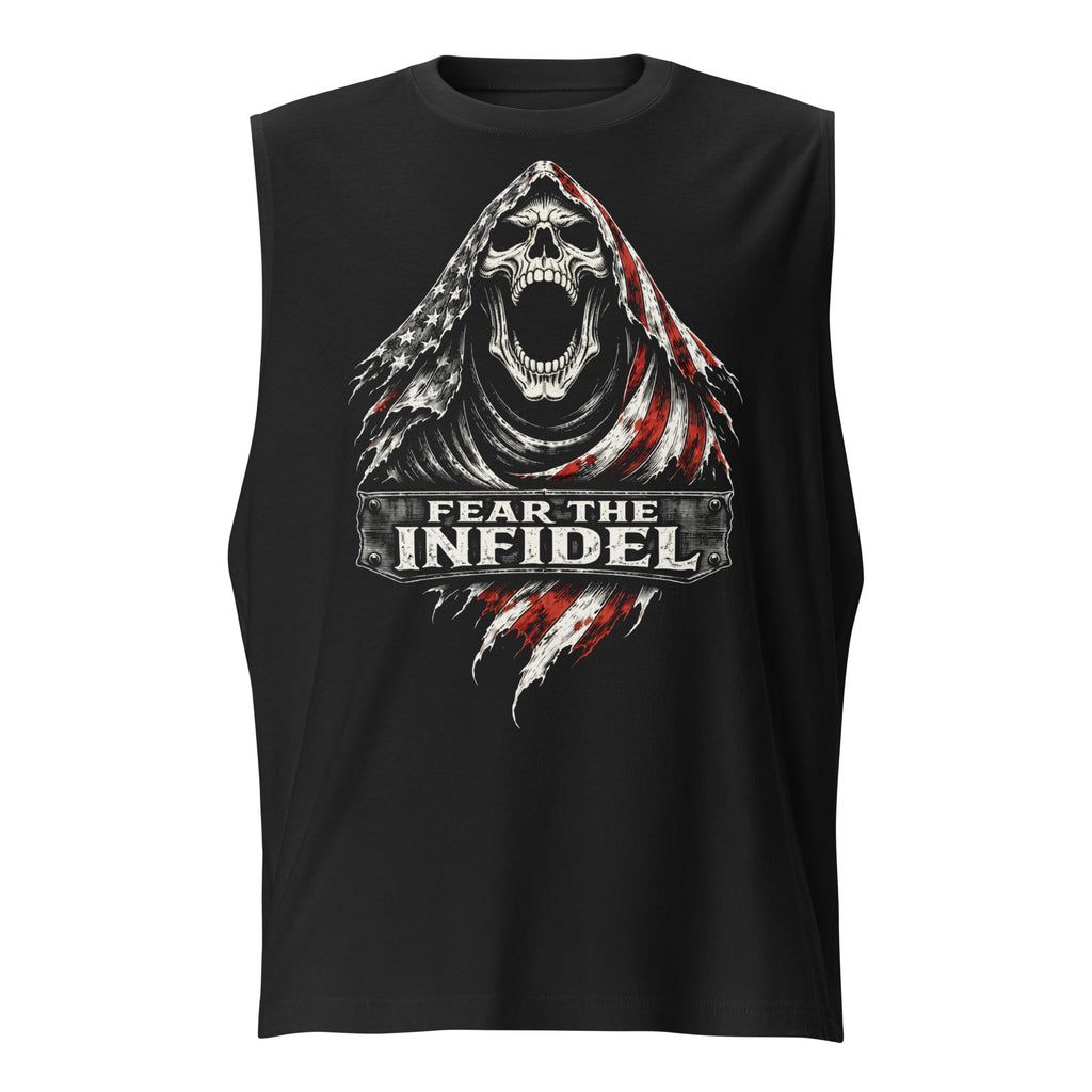 Black t-shirt with a graphic design featuring a skull and 'Fear the Infidel' text.