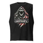 Black t-shirt with a graphic design featuring a skull and 'Fear the Infidel' text.