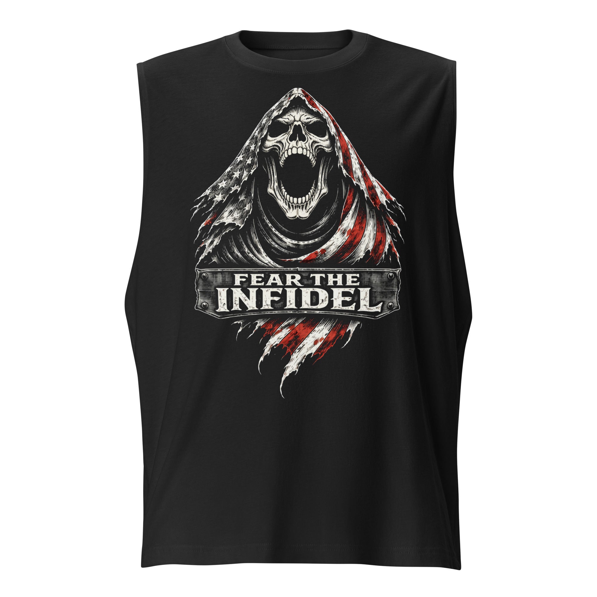 Black t-shirt with a graphic design featuring a skull and 'Fear the Infidel' text.
