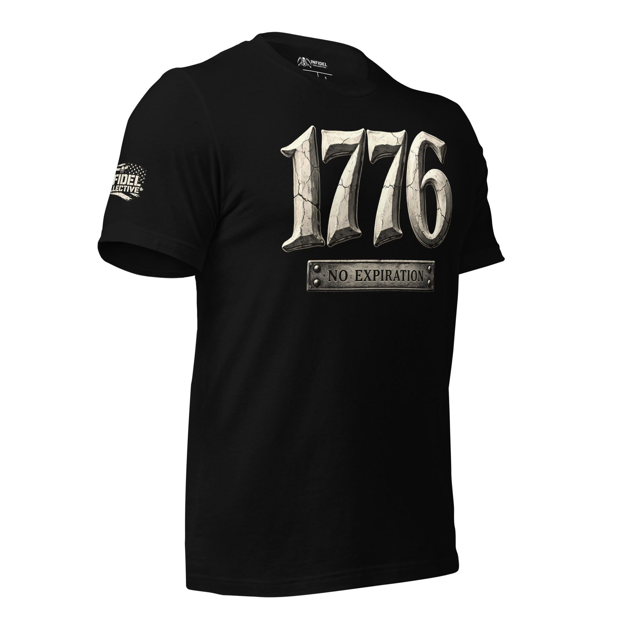 1776 No Expiration front print tee with distressed stone-style 1776 graphic and metal plaque text on black shirt