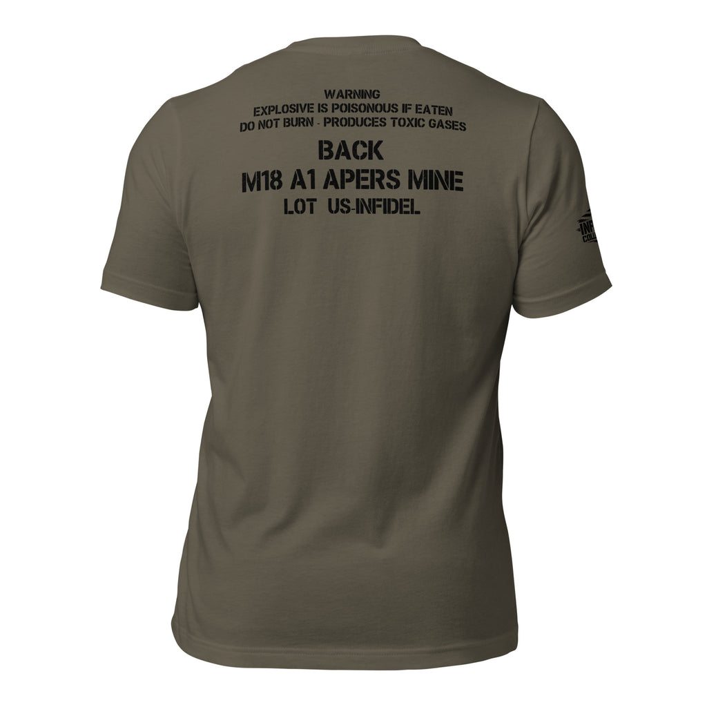 Back view of olive tee featuring Front Toward Enemy claymore mine warning text on front and back design