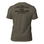 Back view of olive tee featuring Front Toward Enemy claymore mine warning text on front and back design