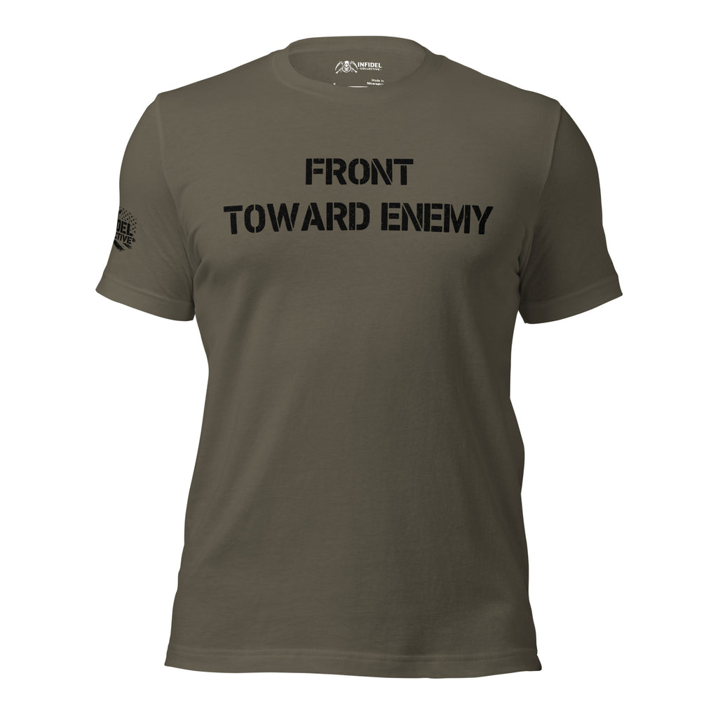 Front view of olive tee with front chest graphic