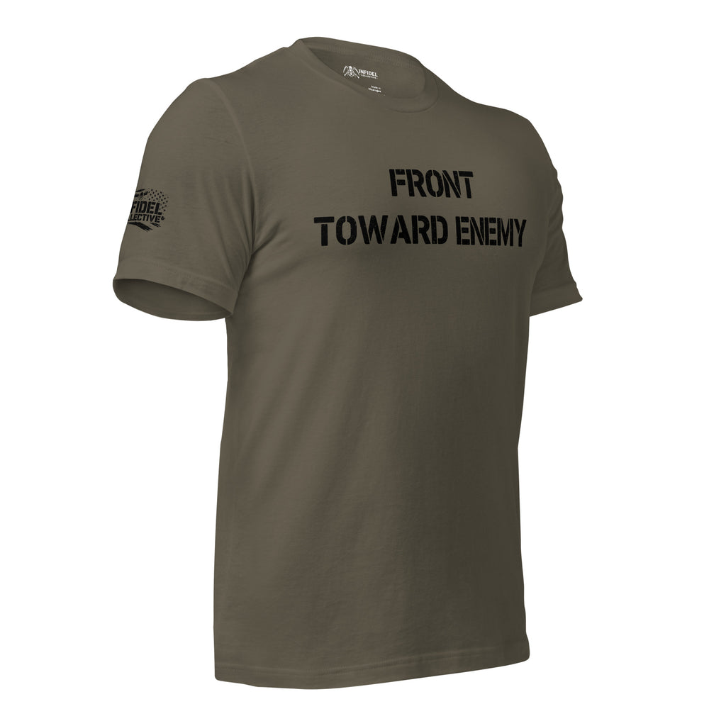 Right-front view of olive tee with Infidel Collective sleeve mark