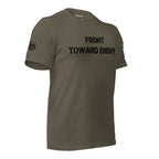 Right-front view of olive tee with Infidel Collective sleeve mark