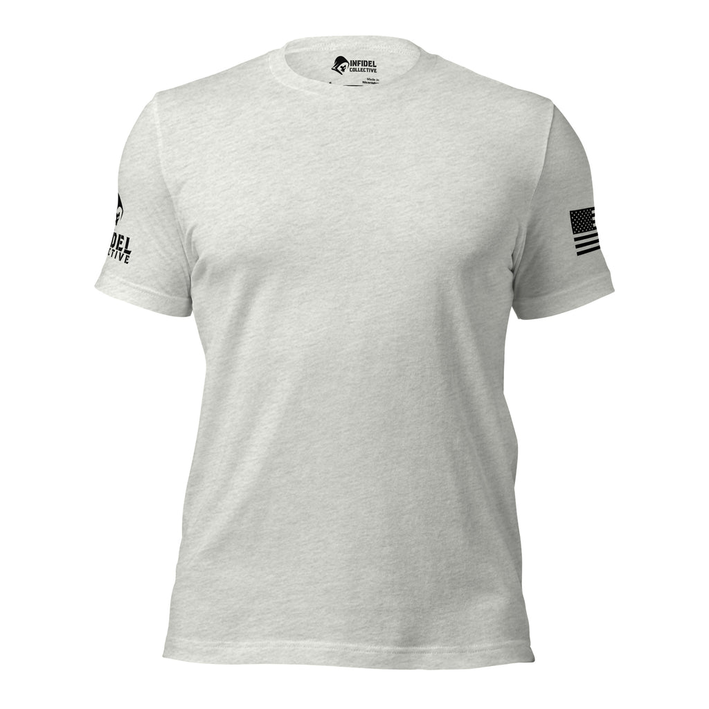 Front view of gray Tee With Arm Hits with clean chest and sleeve prints