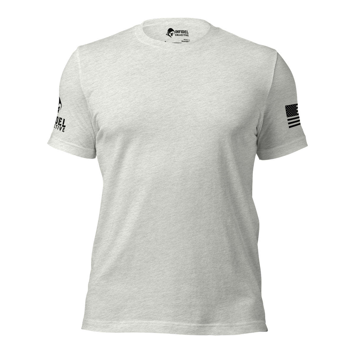 Front view of gray Tee With Arm Hits with clean chest and sleeve prints