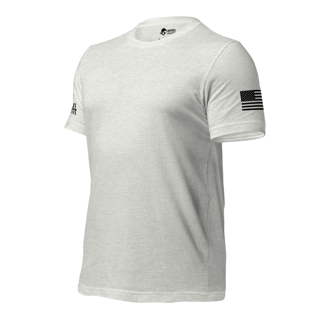 Left-front view of gray Tee With Arm Hits showing Infidel Collective sleeve graphic