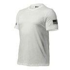Left-front view of gray Tee With Arm Hits showing Infidel Collective sleeve graphic