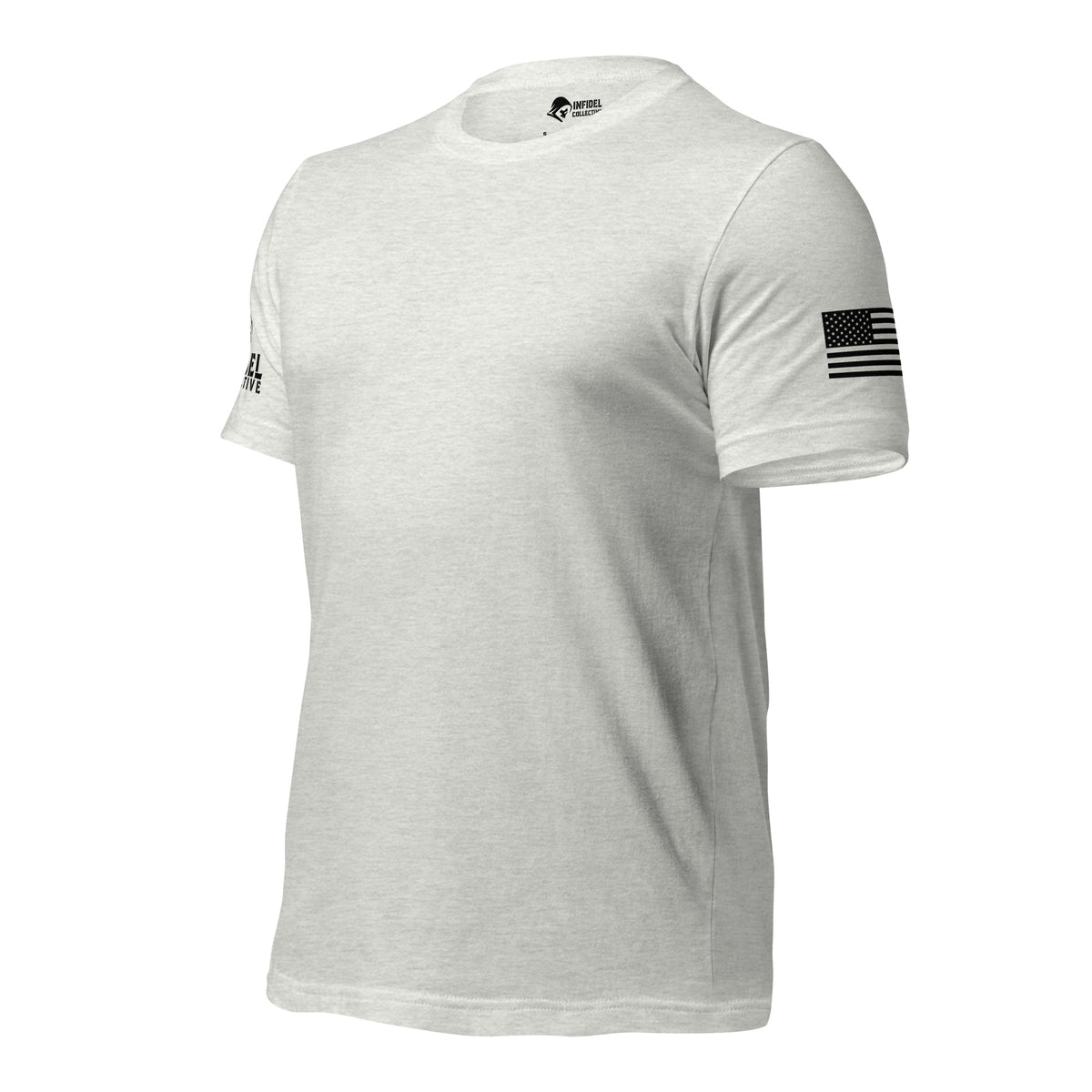 Left-front view of gray Tee With Arm Hits showing Infidel Collective sleeve graphic
