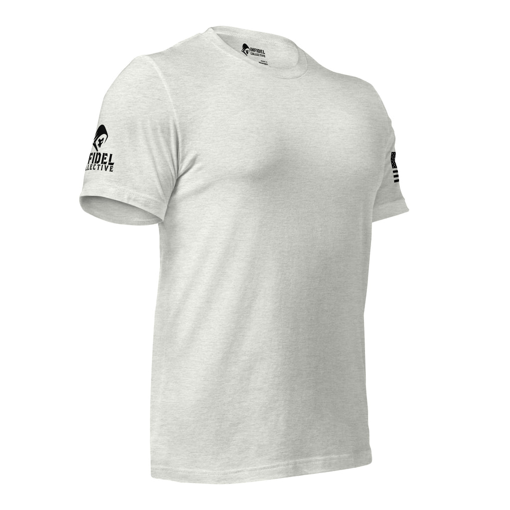 Right-front view of gray Tee With Arm Hits showing American flag sleeve graphic