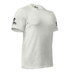 Right-front view of gray Tee With Arm Hits showing American flag sleeve graphic