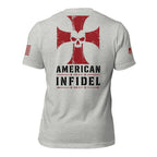 Back view of athletic heather gray tee with red cross, skull, “AMERICAN INFIDEL,” Ephesians 6:13, and Romans 8:37