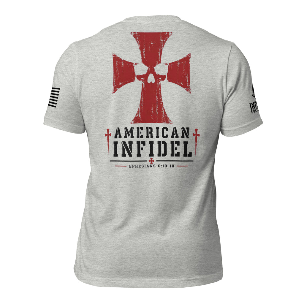 Back view of heather gray tee featuring the American Infidel red cross and skull graphic with Ephesians 6:10-18