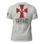 Back view of heather gray tee featuring the American Infidel red cross and skull graphic with Ephesians 6:10-18