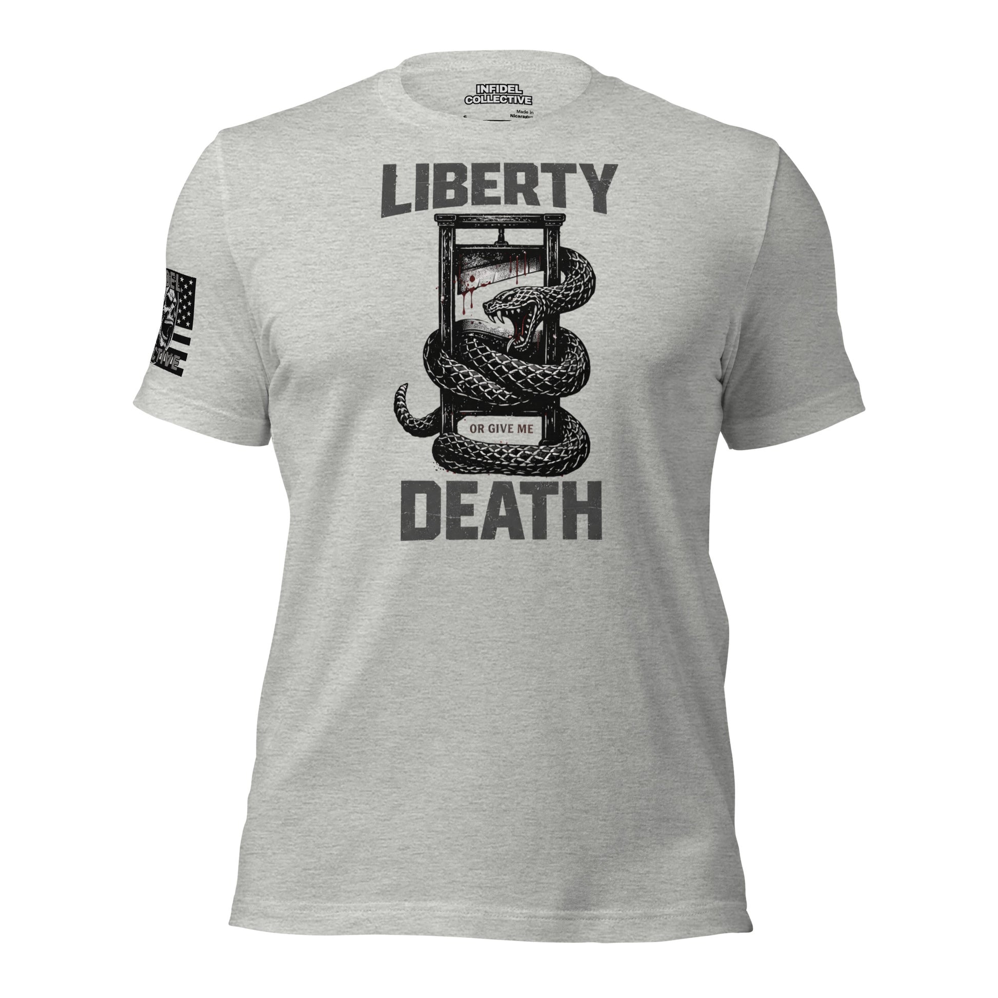 Take My Head But Not My Liberty  Infidel Collective on Ghosted gray t-shirt against a white background.