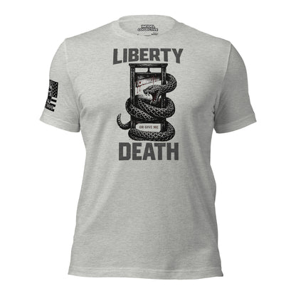 Take My Head But Not My Liberty  Infidel Collective on Ghosted gray t-shirt against a white background.