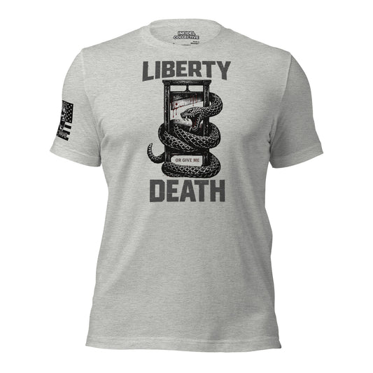 Take My Head But Not My Liberty  Infidel Collective on Ghosted gray t-shirt against a white background.
