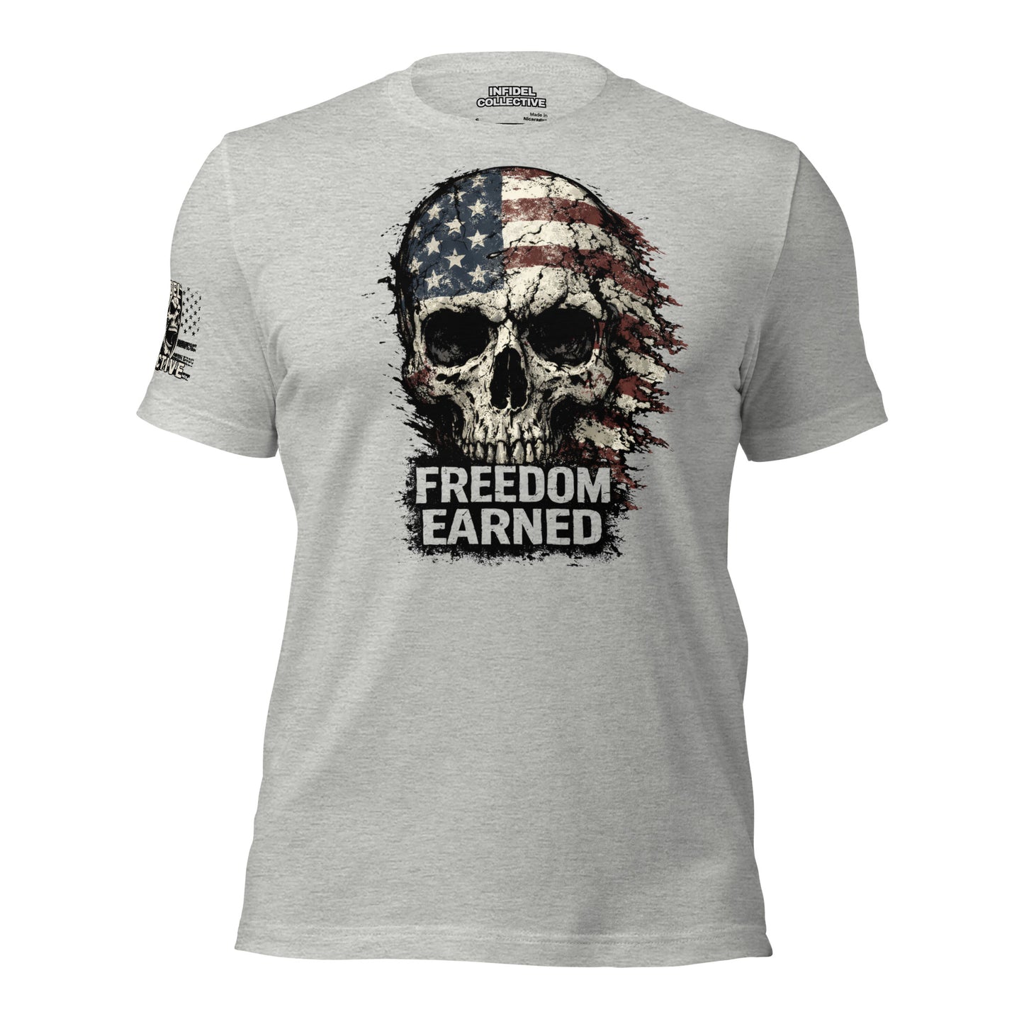 Gray t-shirt with a skull design and 'Freedom Earned' text on a white background