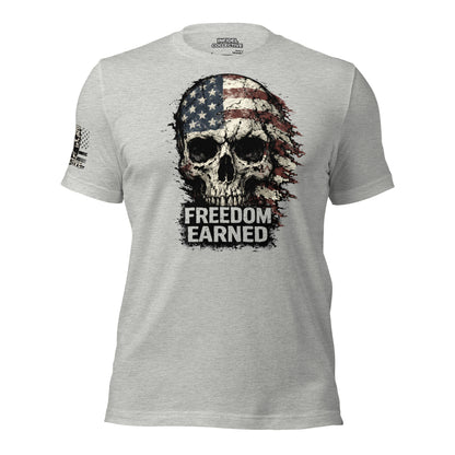 Gray t-shirt with a skull design and 'Freedom Earned' text on a white background